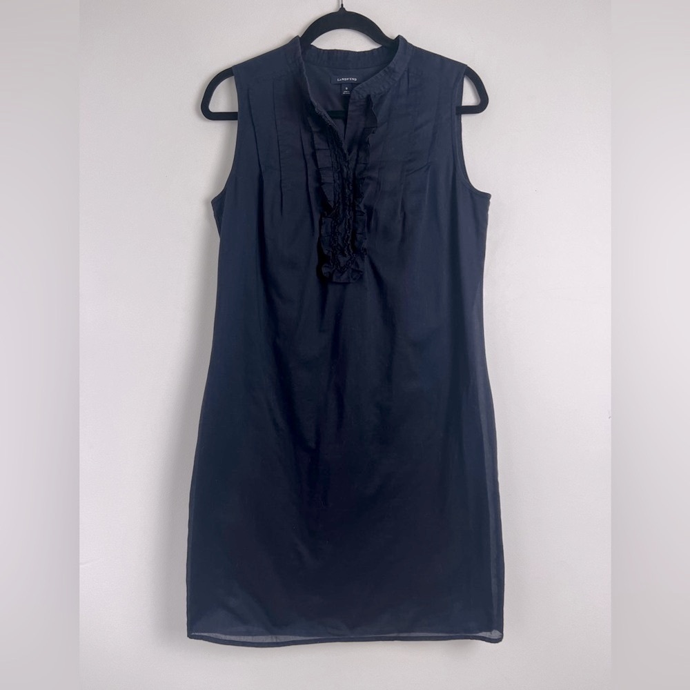 Lands' End Navy Blue 100% Cotton Sleeveless Coastal Preppy Ruffle Pintuck Dress